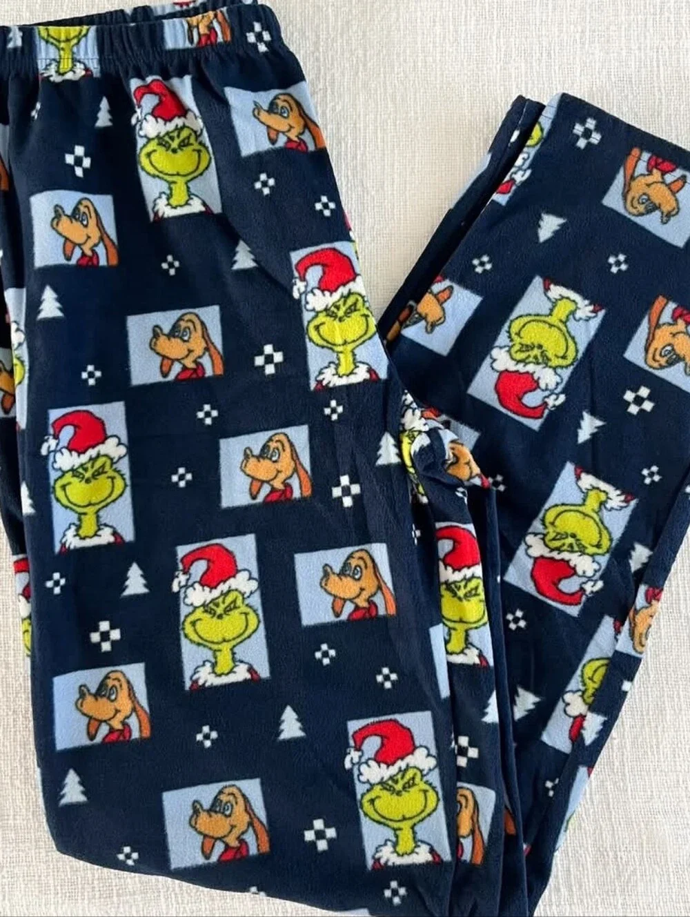 Grinch Print Fleece Holiday Matching Family Pajama Pants Navy Blue